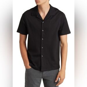 Hugo Boss Mens Large Powell Short Sleeve Shirt Button Up Black Mercerized Cottob